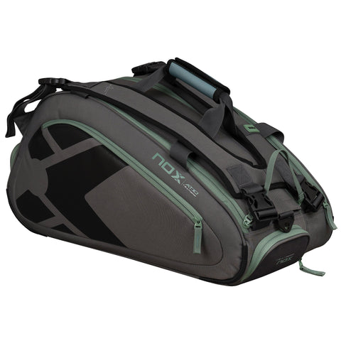 2024 Nox AT10 Team padel racket bag (Grey/Green) - angled view