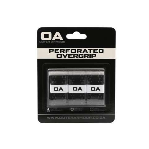 Outer Armour Overgrip 3pcs Black-Perforated - three perforated black grips on the branded backing card
