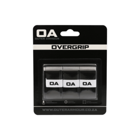 Outer Armour Overgrip 3pcs Black-Smooth - three smooth black grips on the branded backing card