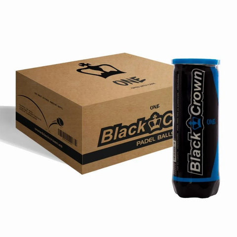 24x Cans Black Crown One Padel Balls (1 Case) - cardboard case box with one tube of balls standing beside it