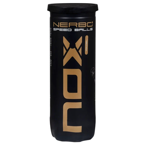 Tube of three Nox Nerbo+ Speed padel balls, front view