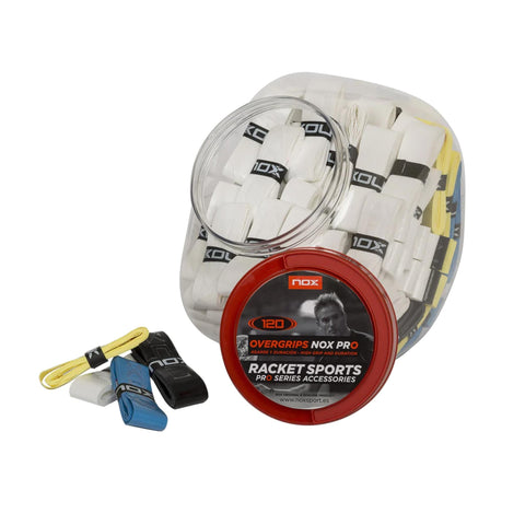 Nox Pro Overgrips - display tub of single overgrips with loose grips alongside