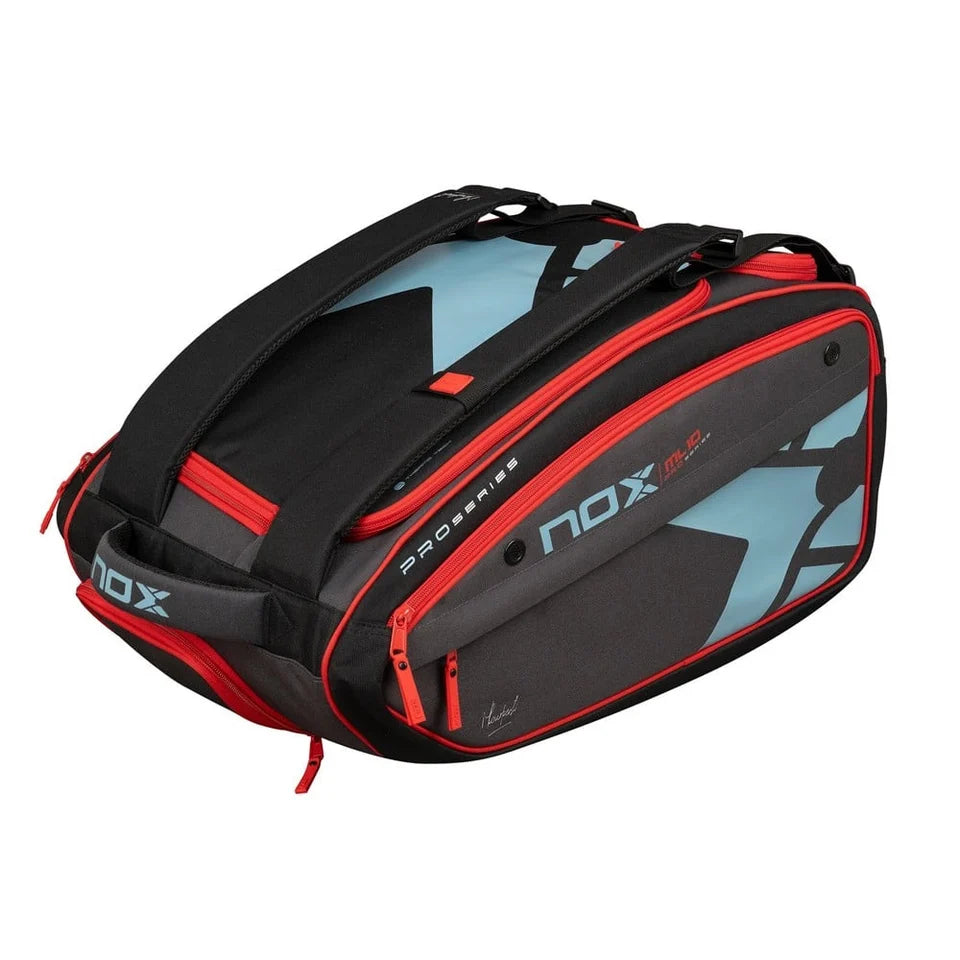 2026 Nox ML10 Competition XL Red & Blue padel racket bag - angled three-quarter view