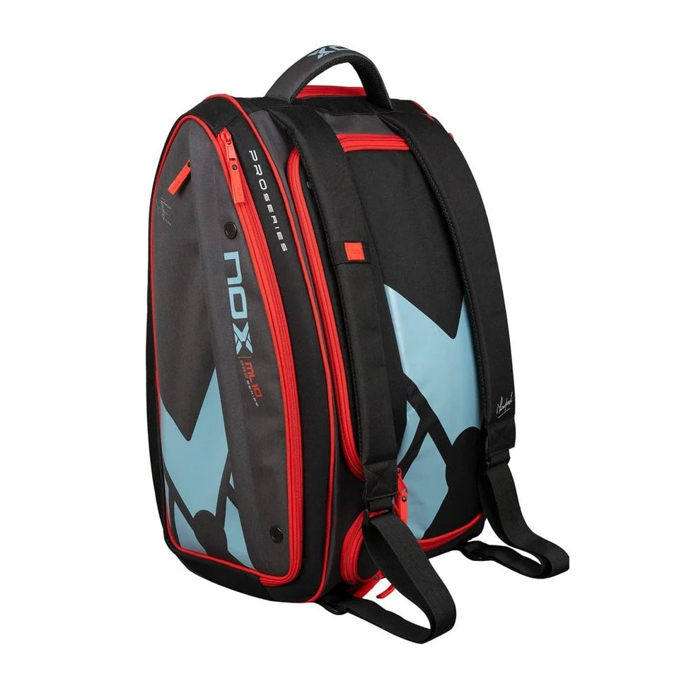 2026 Nox ML10 Competition XL Red & Blue padel racket bag - rear view showing the harness