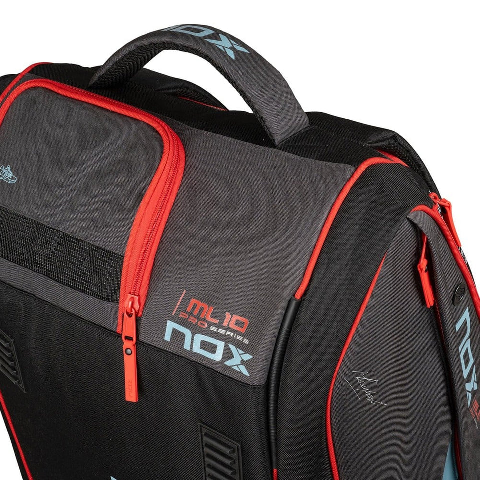 2026 Nox ML10 Competition XL Red & Blue padel racket bag - angled view showing the compartments