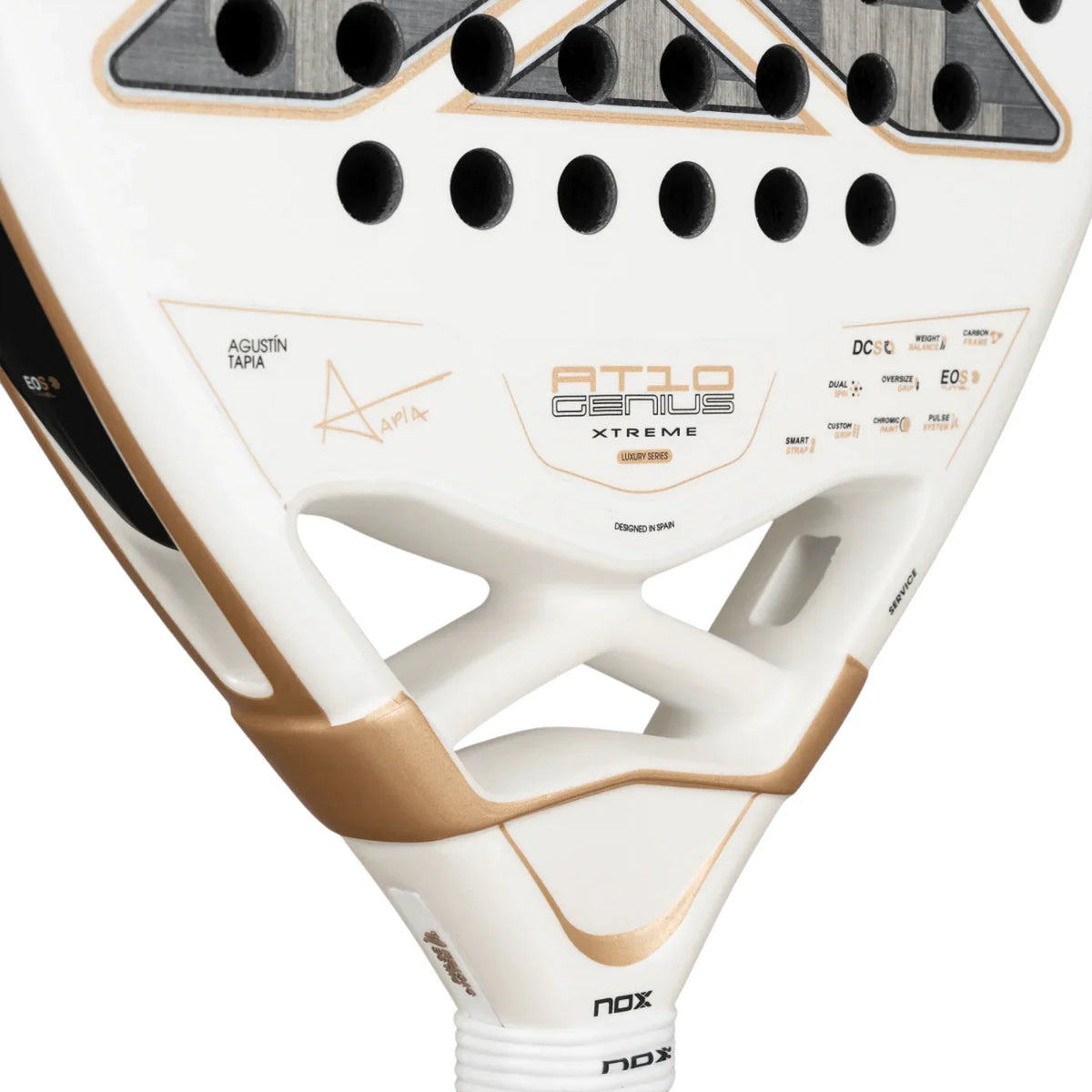 2026 Nox AT10 Genius 12K Alum By Agustin Tapia padel racket - close-up of the heart bridge and hitting surface
