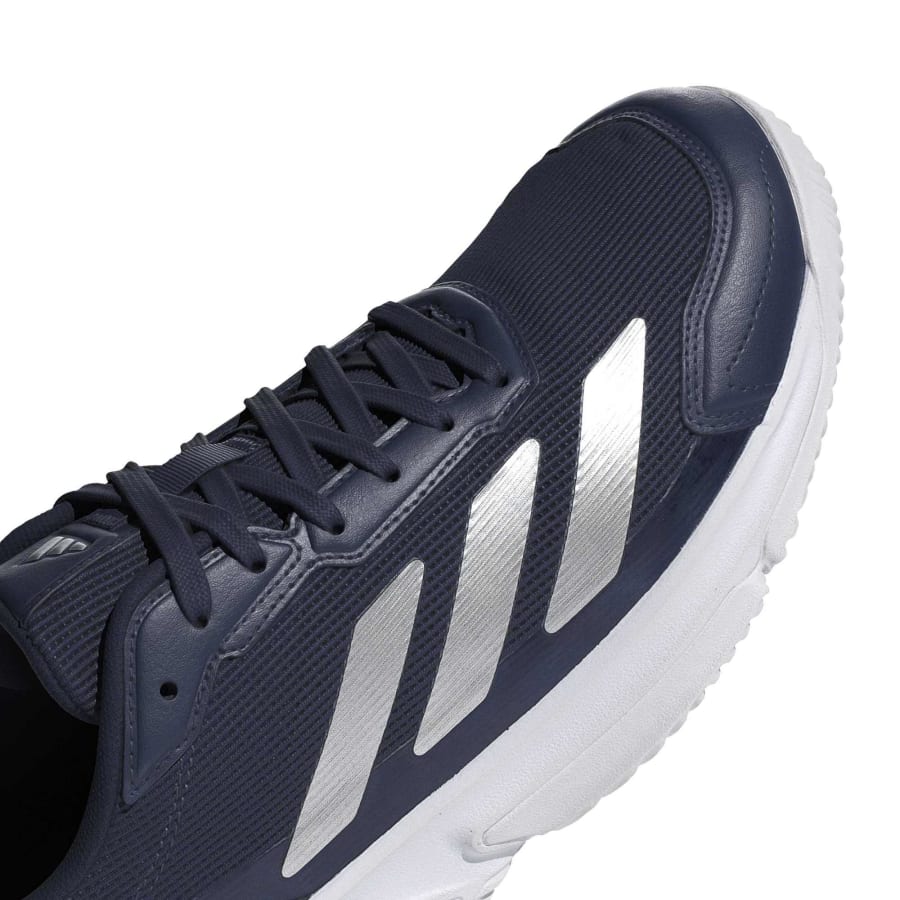 Adidas Courtquick men's padel shoes (Dark Blue/Silver) - close-up of the laces and silver stripes