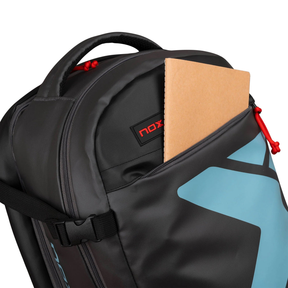 Nox ML10 Team padel backpack (Black) - front zip detail view