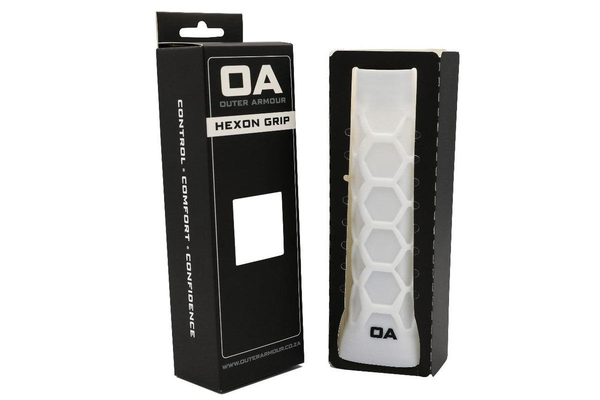 Outer Armour Hexon Grip - box alongside the white hexagon-textured grip