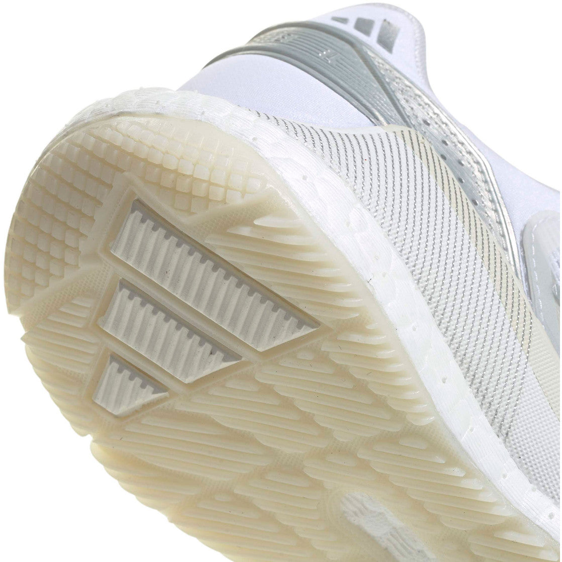 2026 Adidas Crazyquick Boost White/Silver padel shoes - angled close-up of the outsole and midsole