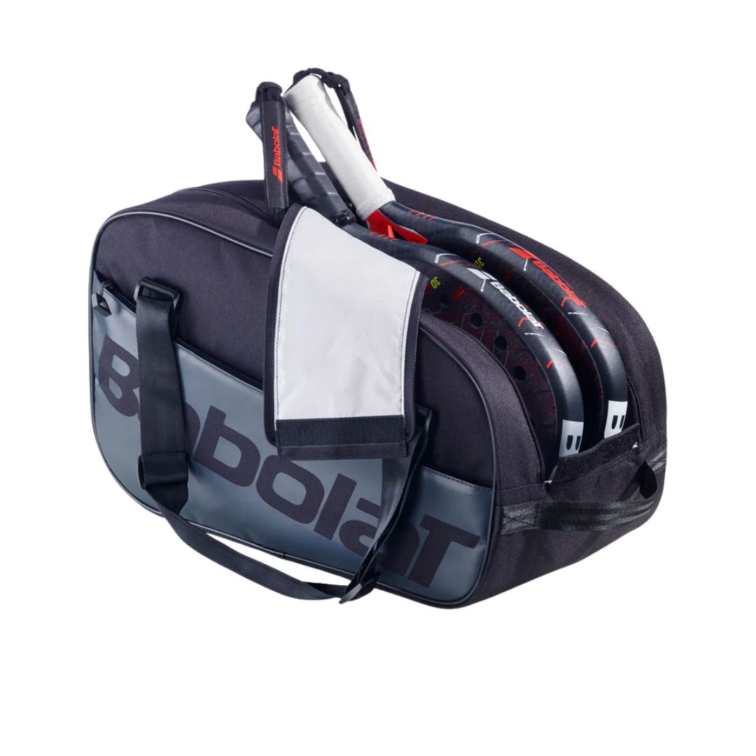 Babolat Court S padel racket bag - open, showing the interior with a racket