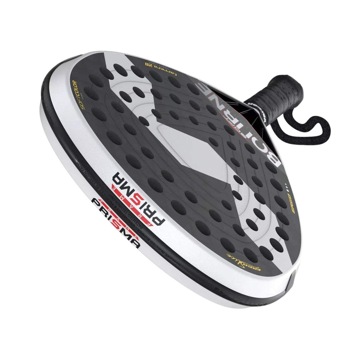 2026 Varlion Bourne Prisma Soft padel racket - overhead view of the head with the wrist strap