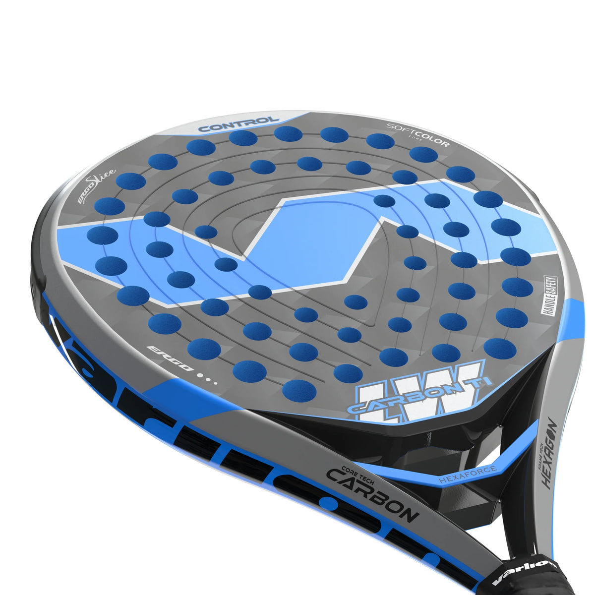 2026 Varlion LW Carbon Ti padel racket - three-quarter close-up of the hitting face