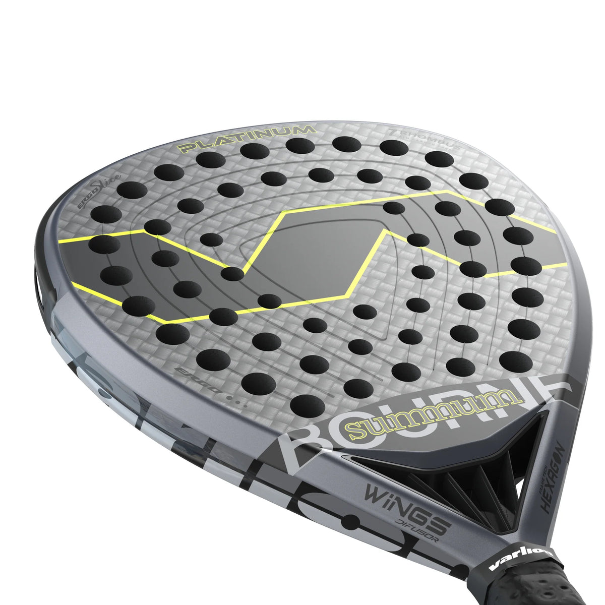 2026 Varlion Bourne Carbon Platinum padel racket - three-quarter close-up of the hitting face