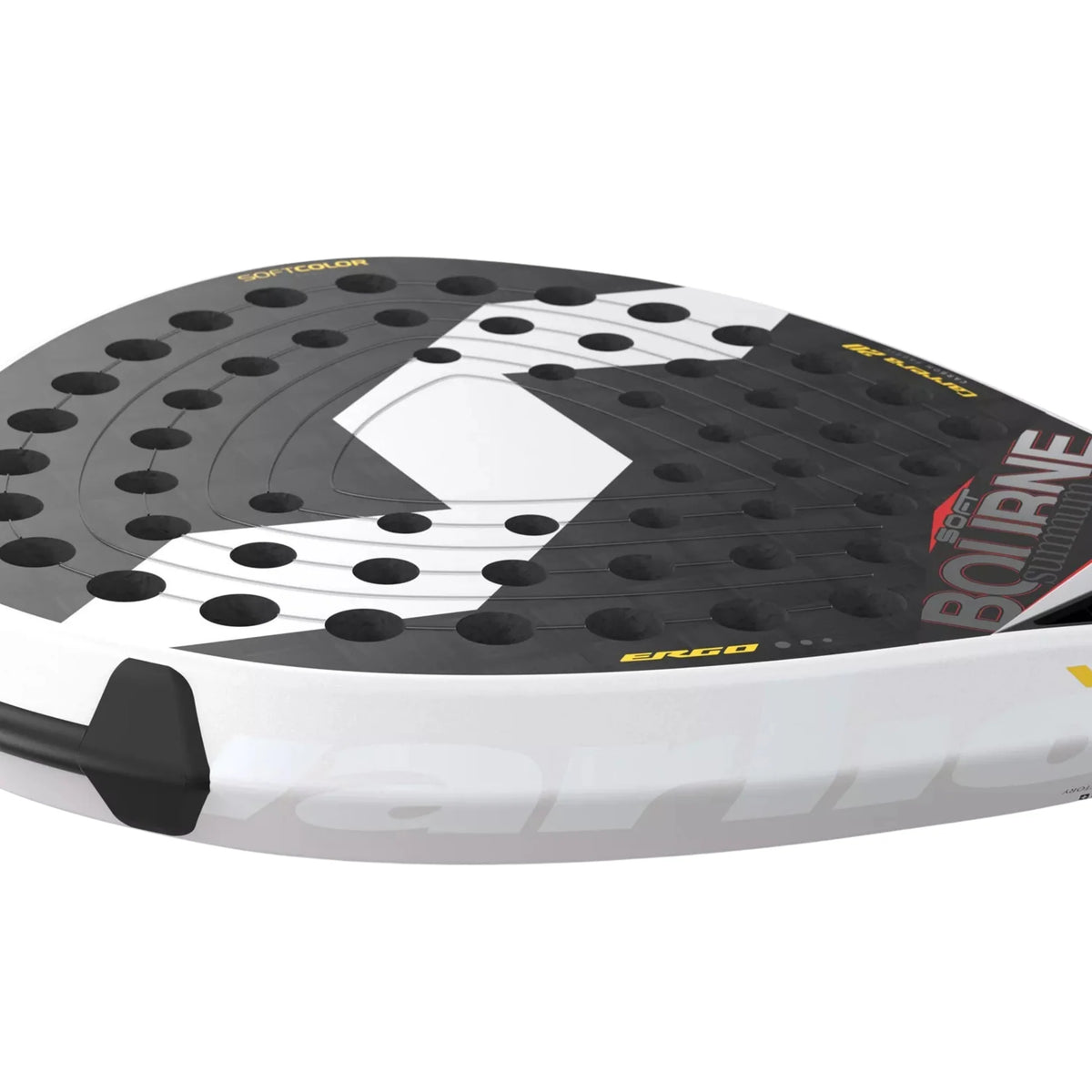 2026 Varlion Bourne Prisma Soft padel racket - oblique view along the frame showing the Bourne branding
