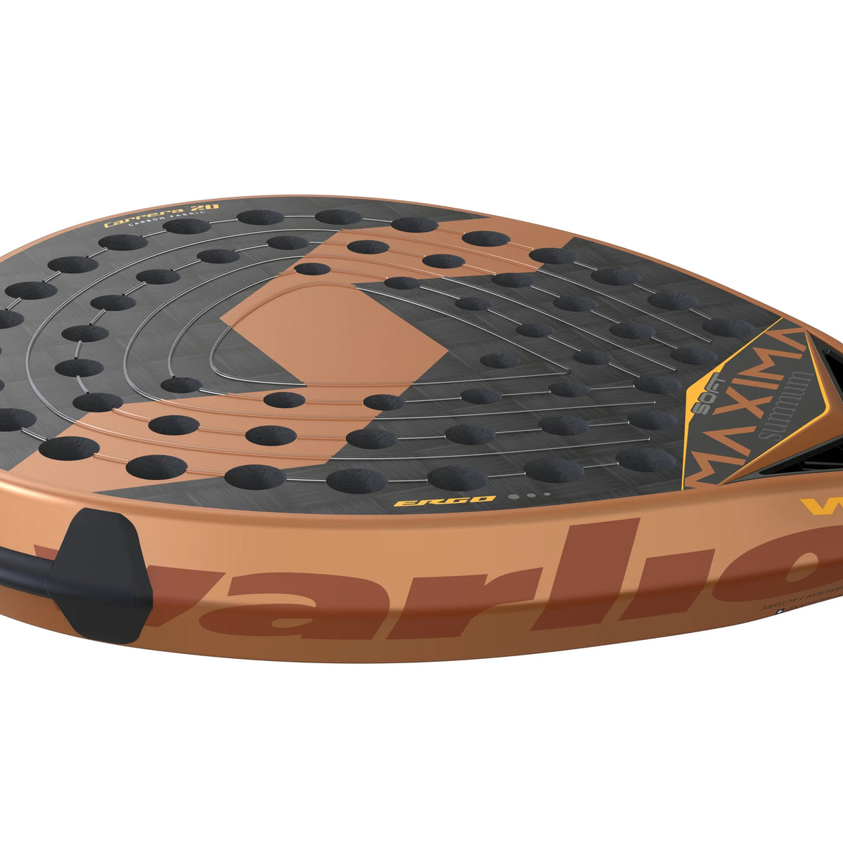 2026 Varlion Maxima Prisma Carbon Soft padel racket - oblique view along the frame showing the Varlion logo