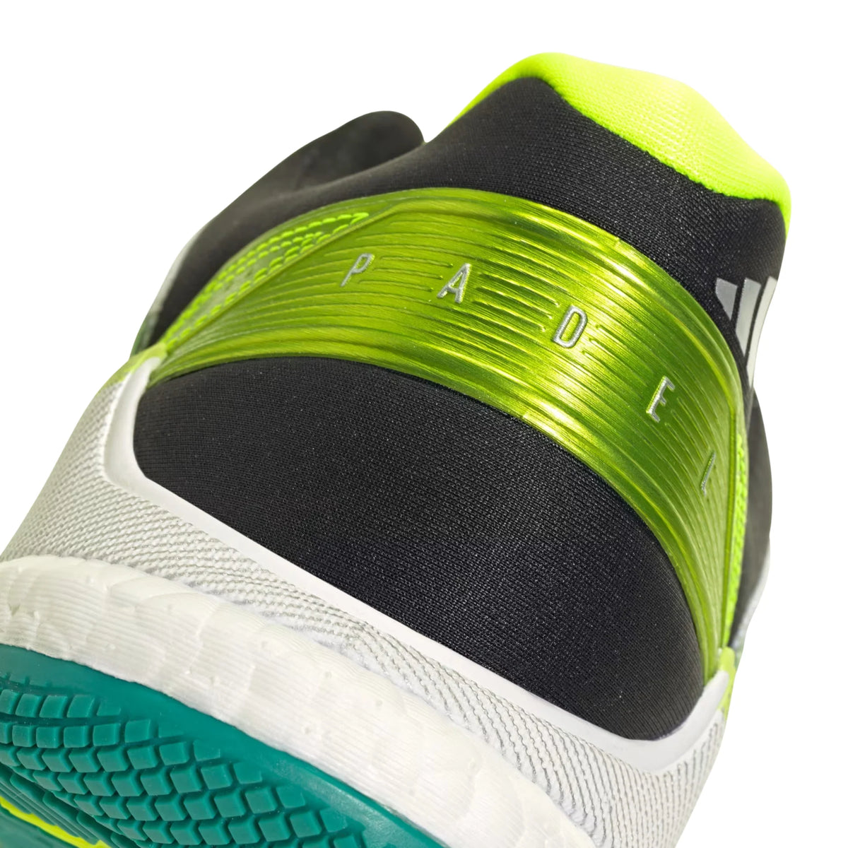 Adidas Crazyquick Boost Green padel shoes - close-up of the heel counter and collar