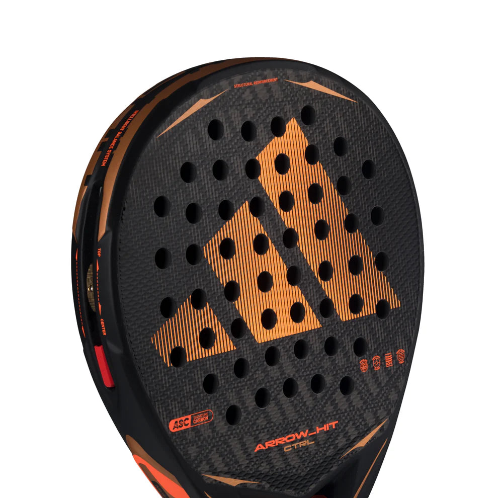 2026 Adidas Arrow HIT CTRL padel racket - angled close-up of the hitting face