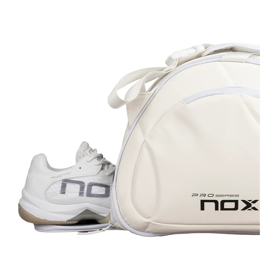 Nox Pro Series Padel Bag - White - shown alongside padel shoes