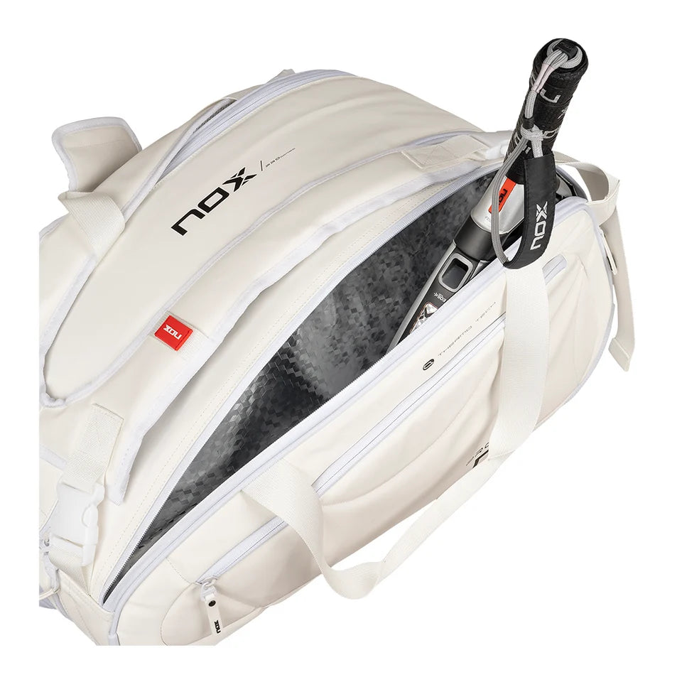 Nox Pro Series Padel Bag - White - open, showing the interior with a racket