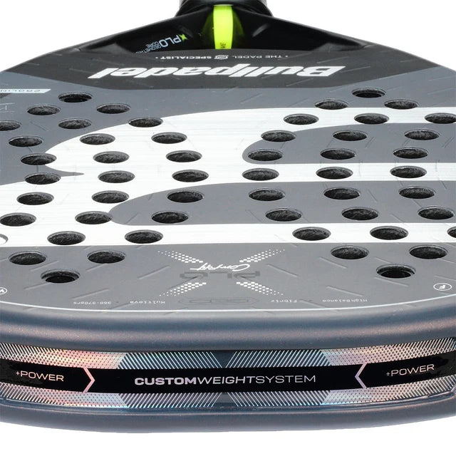 2026 Bullpadel Xplo Comfort padel racket - close-up of the frame edge and custom weight system