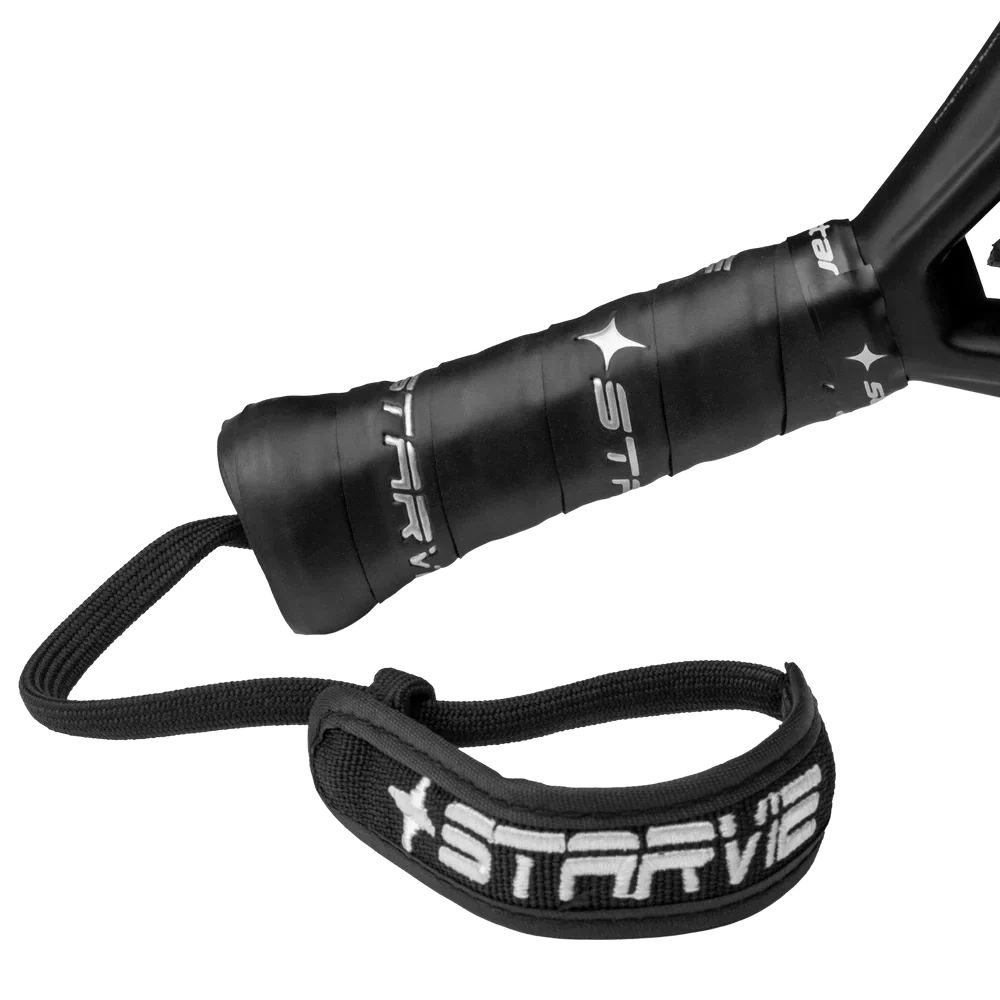 StarVie Black Titan padel racket - handle, grip and wrist strap detail