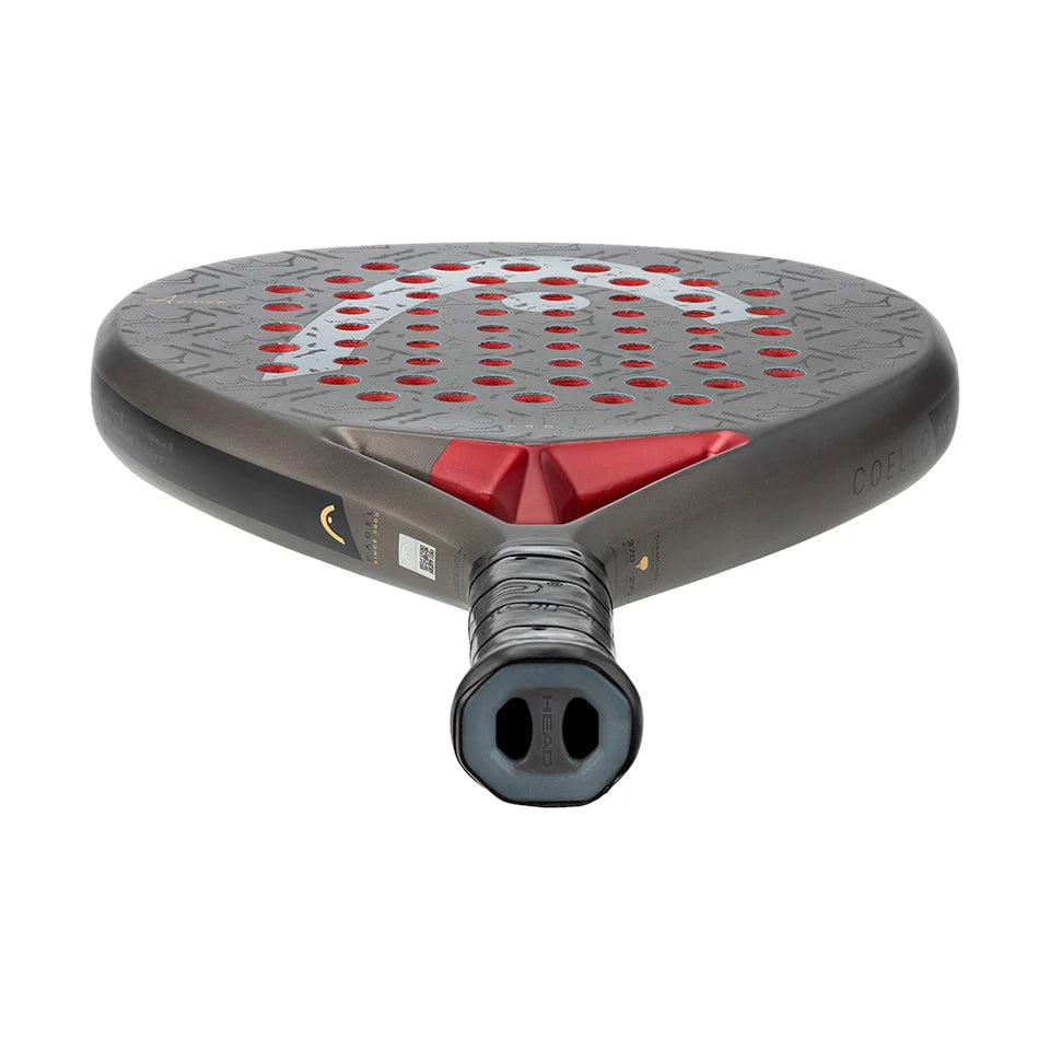 Head Coello Pro padel racket - laid flat showing the butt cap and frame top