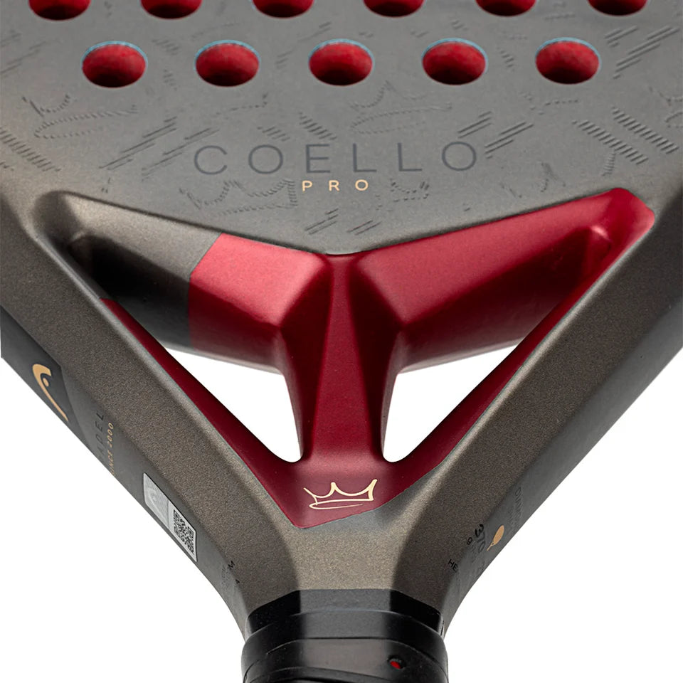 Head Coello Pro padel racket - close-up of the heart bridge and Coello branding