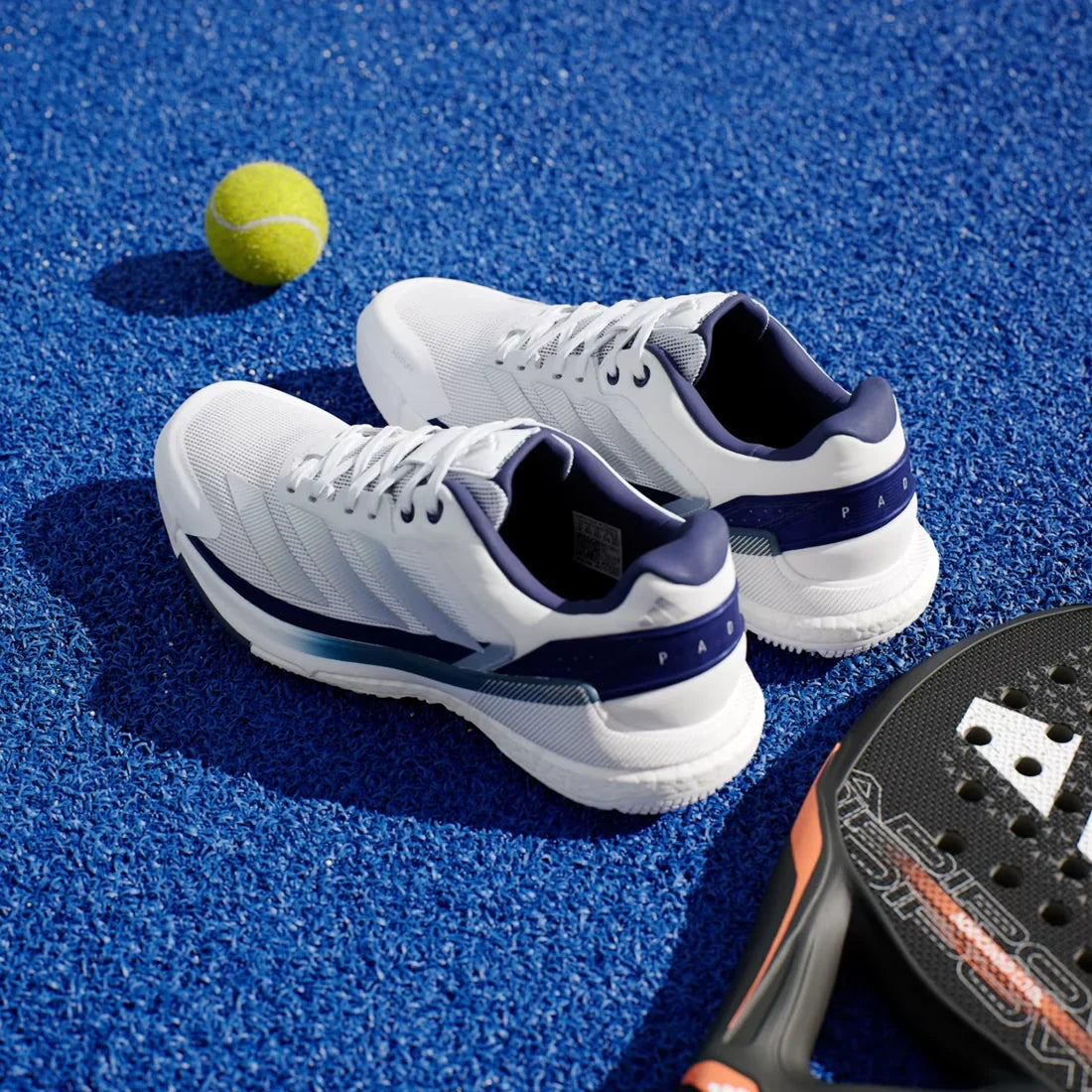 Adidas Crazyquick Boost men's padel shoes (White/Dark Blue) - pair from behind, showing the dark blue heel