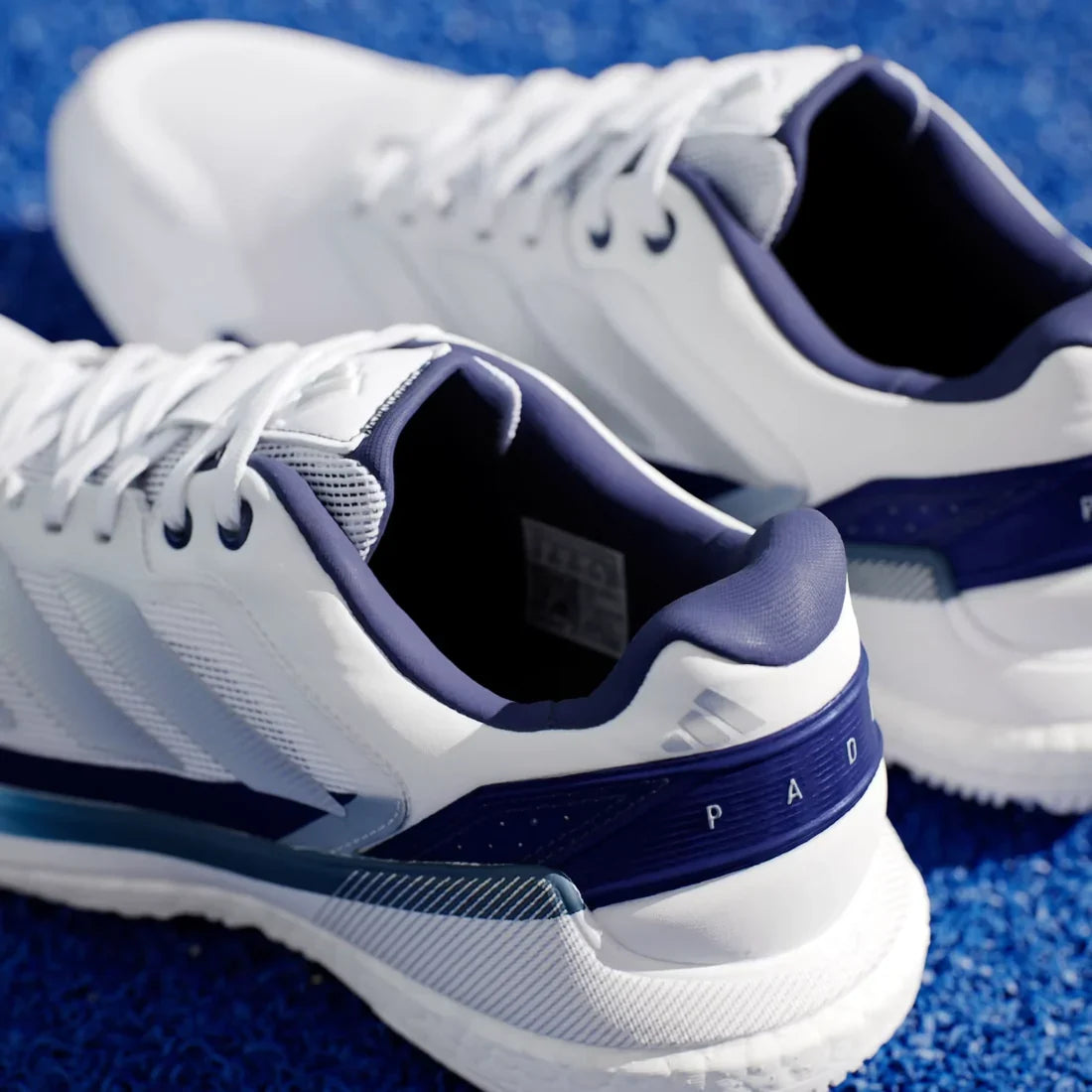Adidas Crazyquick Boost men's padel shoes (White/Dark Blue) - close-up of the heel counter and collar