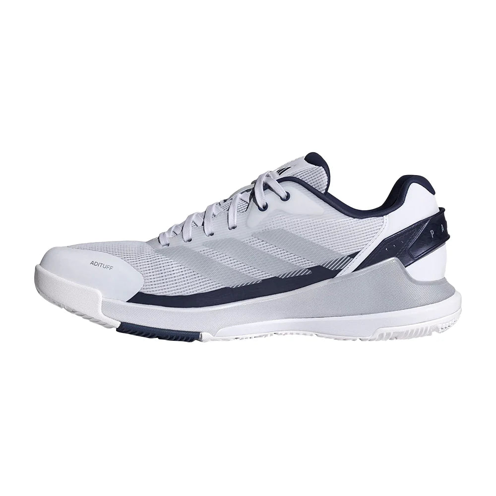 2026 Adidas Crazyquick LS Padel Shoes - White / Dark Blue - angled three-quarter view