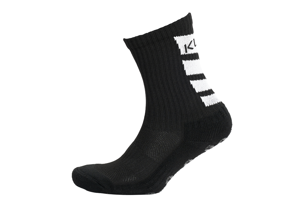 Kupe Calf Length Kids Black padel socks - close-up of the ribbed cuff and white stripe banding