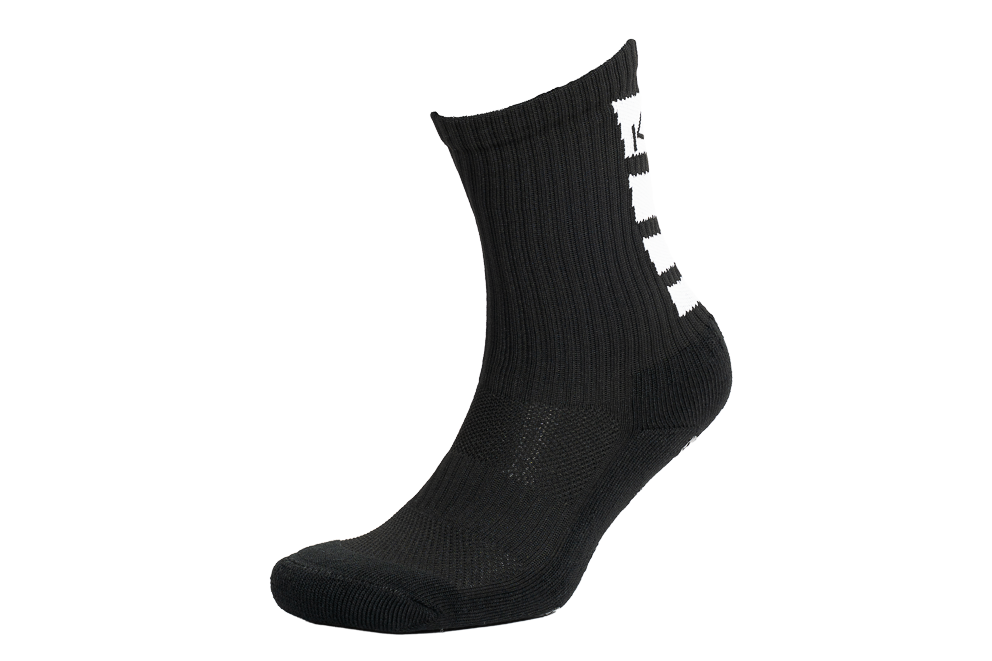 Kupe Calf Length Kids Black padel socks - angled view with the Kupe logo on the cuff