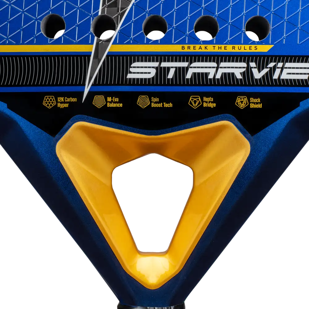StarVie Drax + padel racket - throat, bridge and tech-icon specifications detail