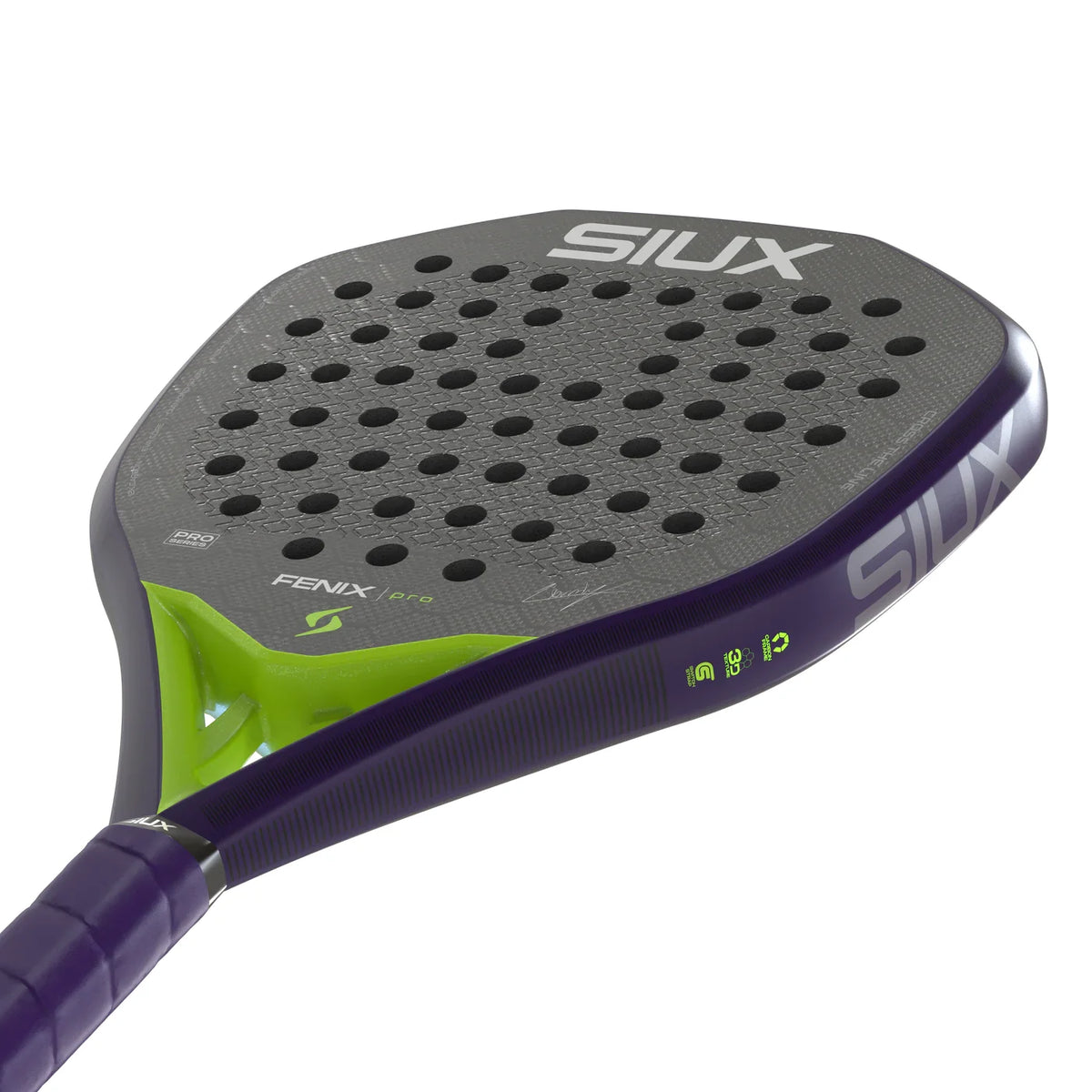 2026 Siux Fenix Pro Glow Purple padel racket - laid flat showing the throat and frame edge
