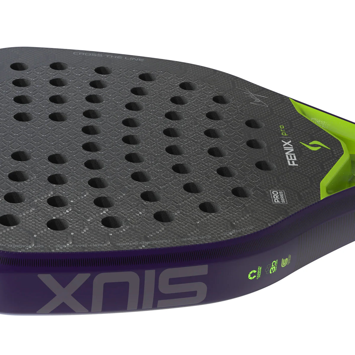 2026 Siux Fenix Pro Glow Purple padel racket - laid flat showing the frame top