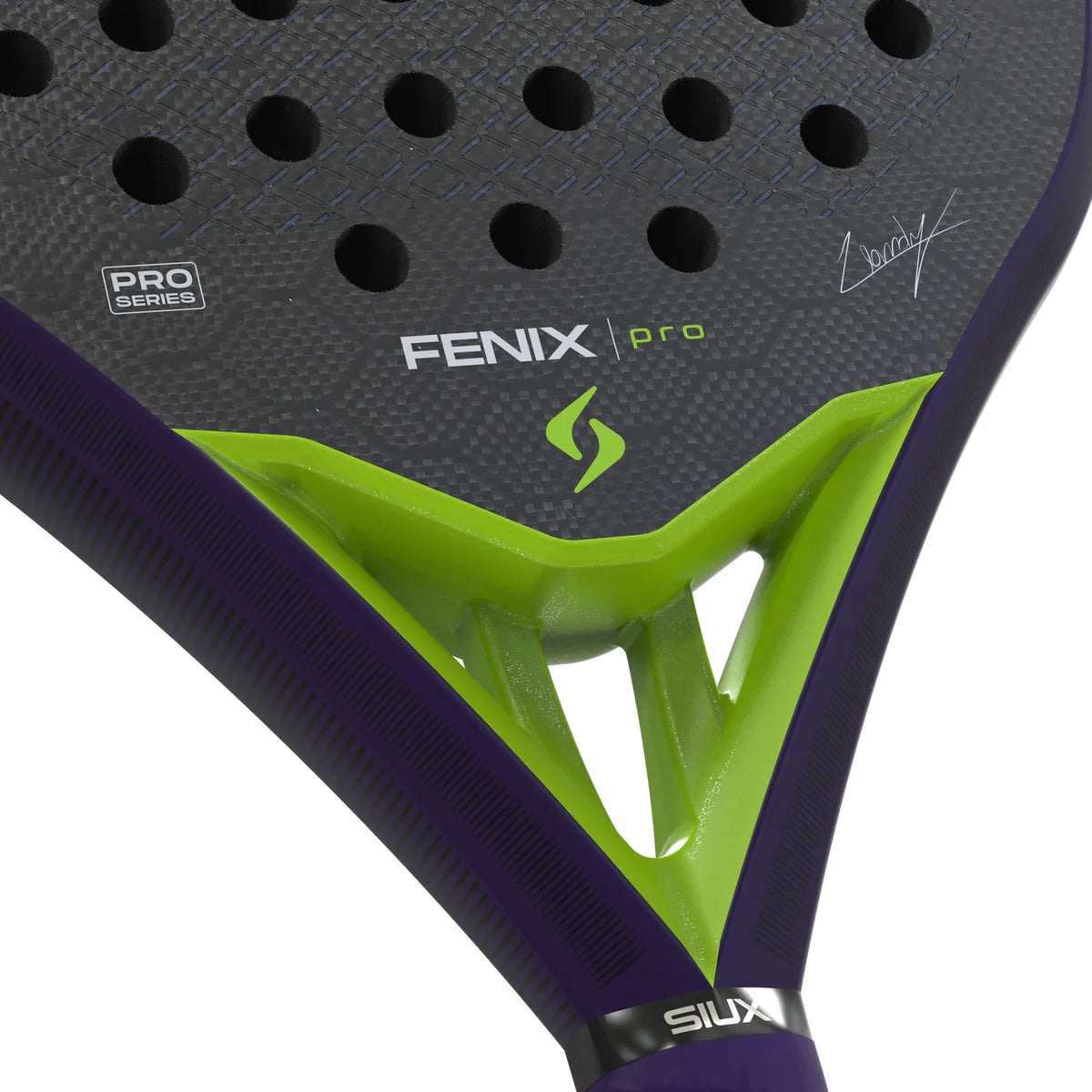2026 Siux Fenix Pro Glow Purple padel racket - close-up of the heart bridge