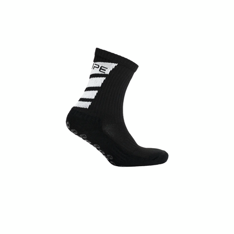 Kupe Calf Length Kids Black padel socks - side view of a single sock on a foot form