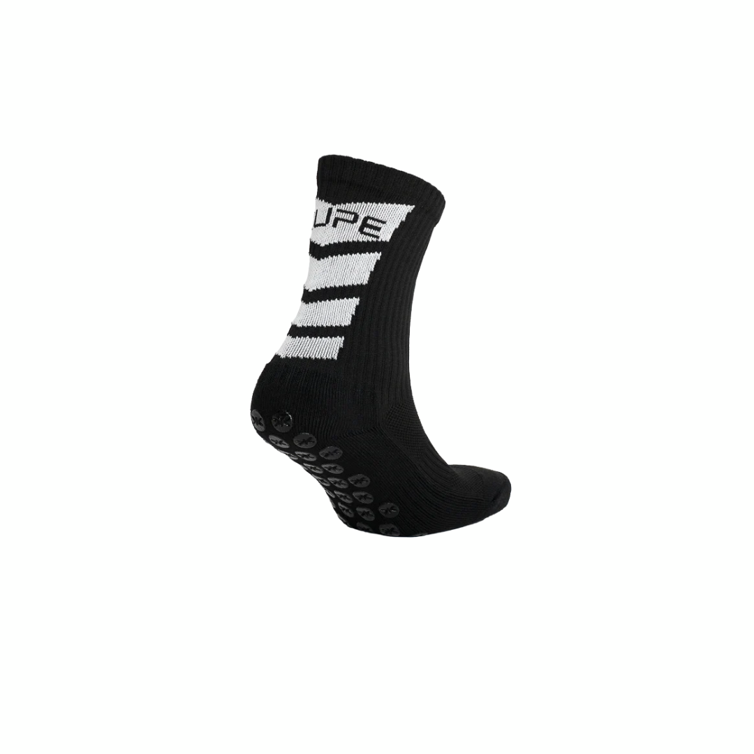 Kupe Calf Length Kids Black padel socks - opposite side view showing the striped cuff