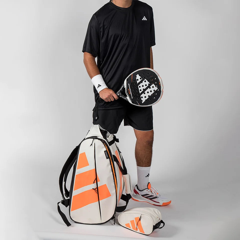 2026 Adidas Multigame Racket Bag Off White - open, showing the interior with a racket