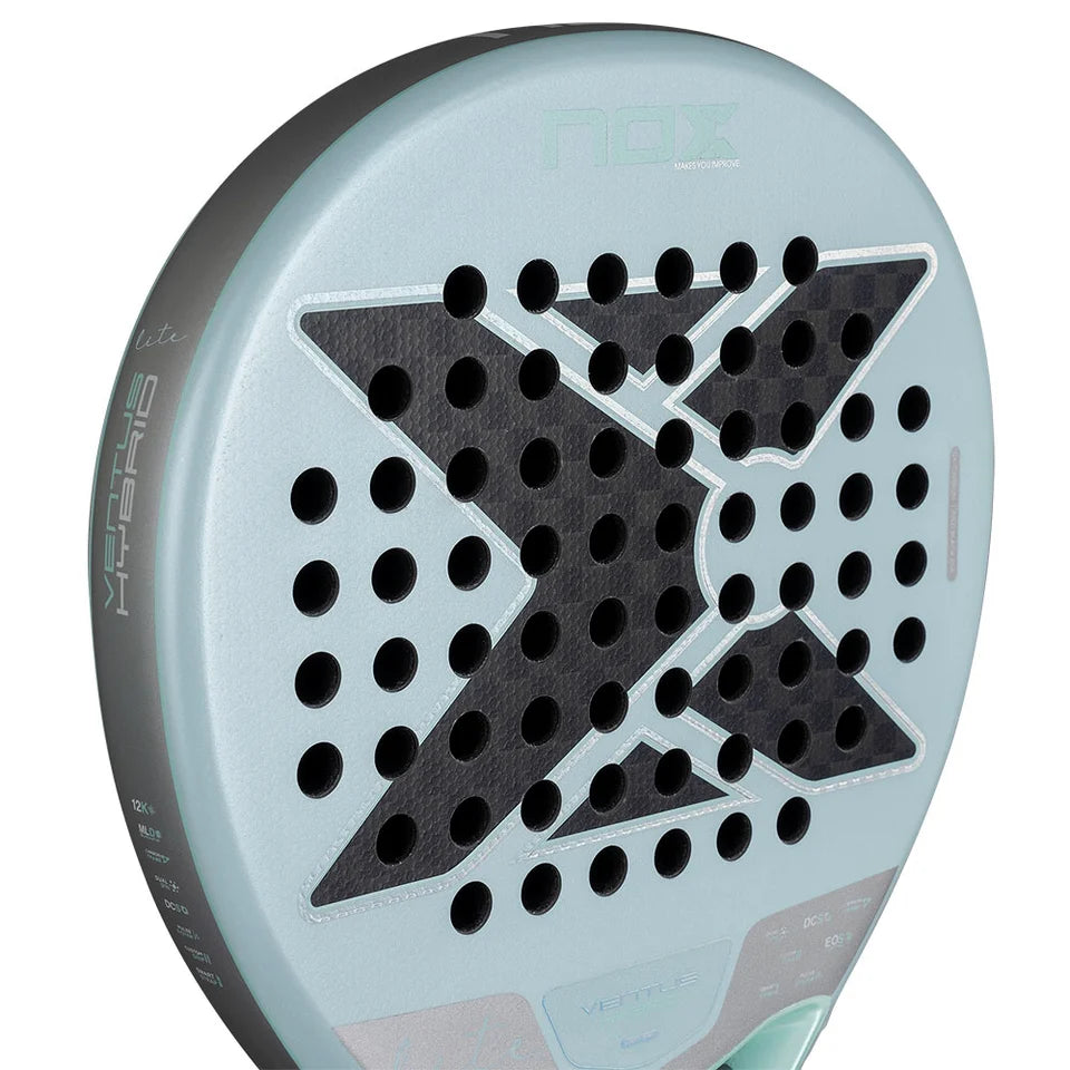 2026 Nox VK10 Ventus 12k Hybrid Lite padel racket - angled close-up of the hitting face