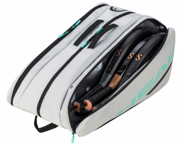 Head Tour Bag (Grey/ Mint) - open, showing the interior packed with rackets