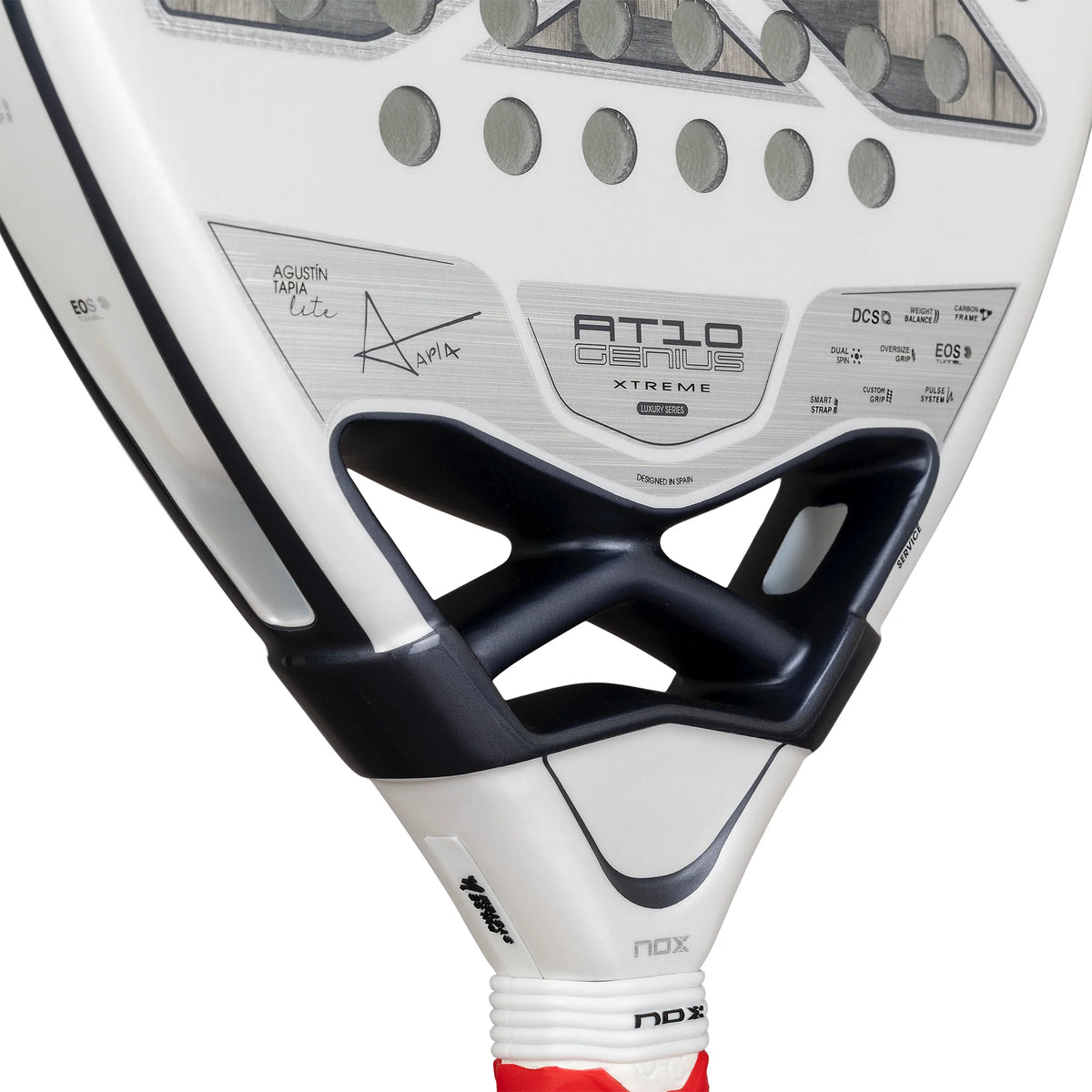 Nox AT10 Genius 12K Alum Xtrem Lite By Agustin Tapia padel racket - heart and throat detail with Tapia signature