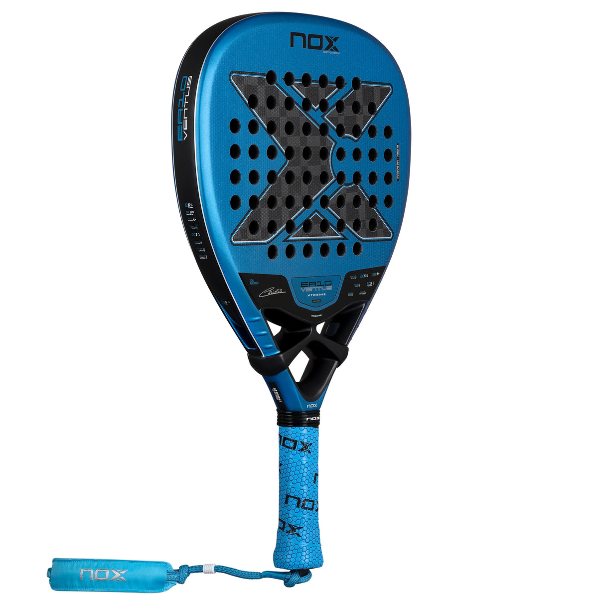 2026 Nox EA10 Ventus Attack 12K Xtrem By Edu Alonso padel racket - front face with the wrist strap attached