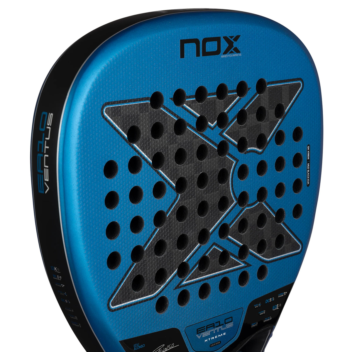 2026 Nox EA10 Ventus Attack 12K Xtrem By Edu Alonso padel racket - angled close-up of the hitting face
