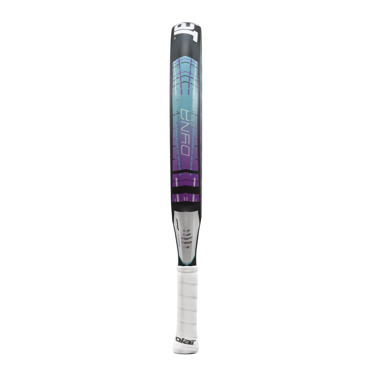 Babolat Dyna Spirit padel racket - edge-on profile view showing the frame graphics