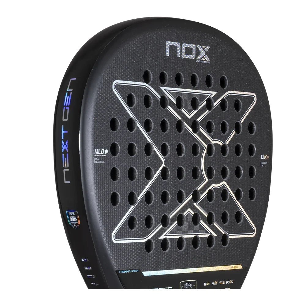 2026 Nox NextGen Pro Attack 12K padel racket - angled close-up of the hitting face