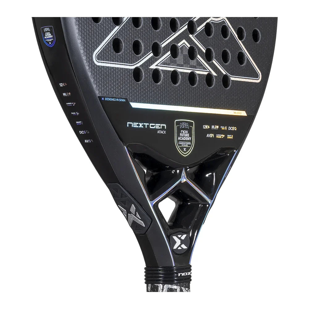 2026 Nox NextGen Pro Attack 12K padel racket - close-up of the throat and heart bridge