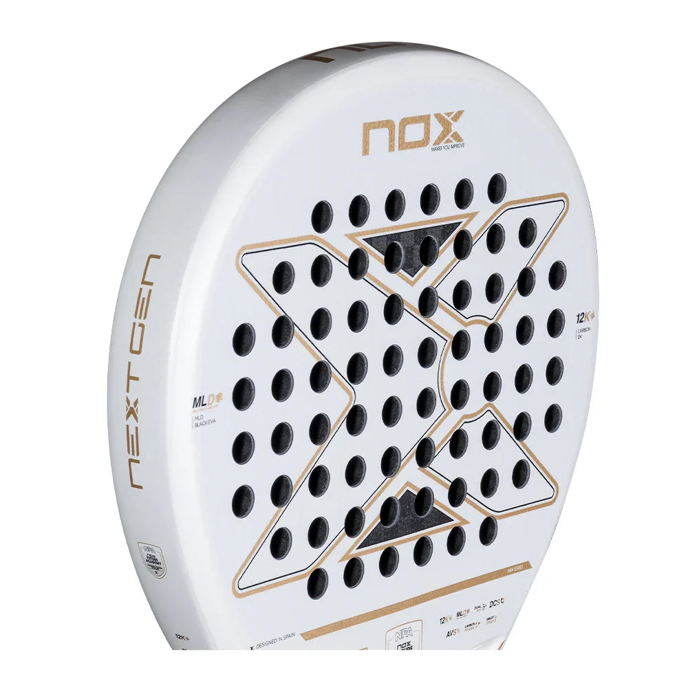 2026 Nox NextGen Pro Hybrid 12K padel racket - angled close-up of the hitting face