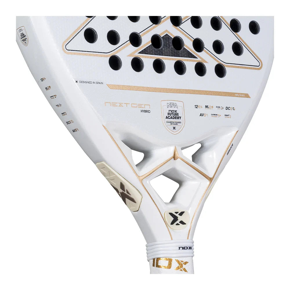2026 Nox NextGen Pro Hybrid 12K padel racket - close-up of the throat and heart bridge